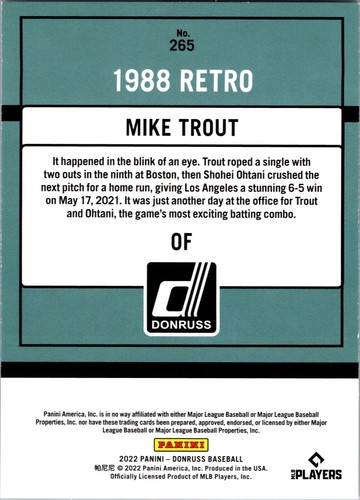 MIKE TROUT 2022 DONRUSS 1988 RETRO BASE CARD #265 ANGELS - Picture 2 of 2