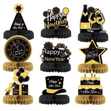 9-Piece New Year's 2025 Decorations - Black  Gold Honeycomb Table Centerpieces