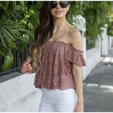 FREE PEOPLE FP Beach Free to Be Crop Top SM Eyelet Flutter Sleeve Off-Shoulder