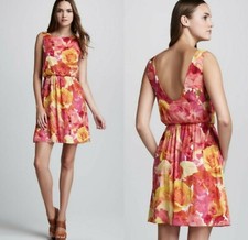 Alice + Olivia Silk Watercolor Floral Summer Dress XS Pink Yellow Orange Summer