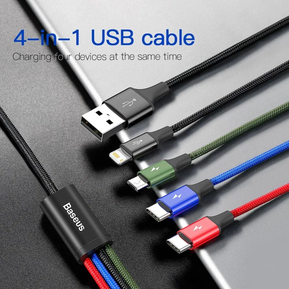 BASEUS 4 in 1 Multi Micro USB/Type C/2 IOS Fast Charging Cable Charger Sync Cord - Image 3 of 4