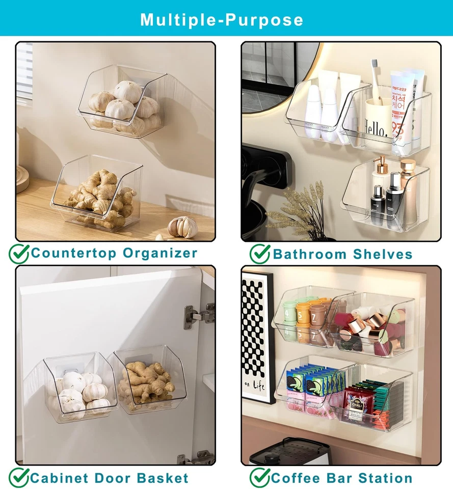 Paquete de 6 pequeñas cestas de almacenamiento transparentes, soporte de pared adhesivo para estante de especias para conteo... Foto 4 de 4