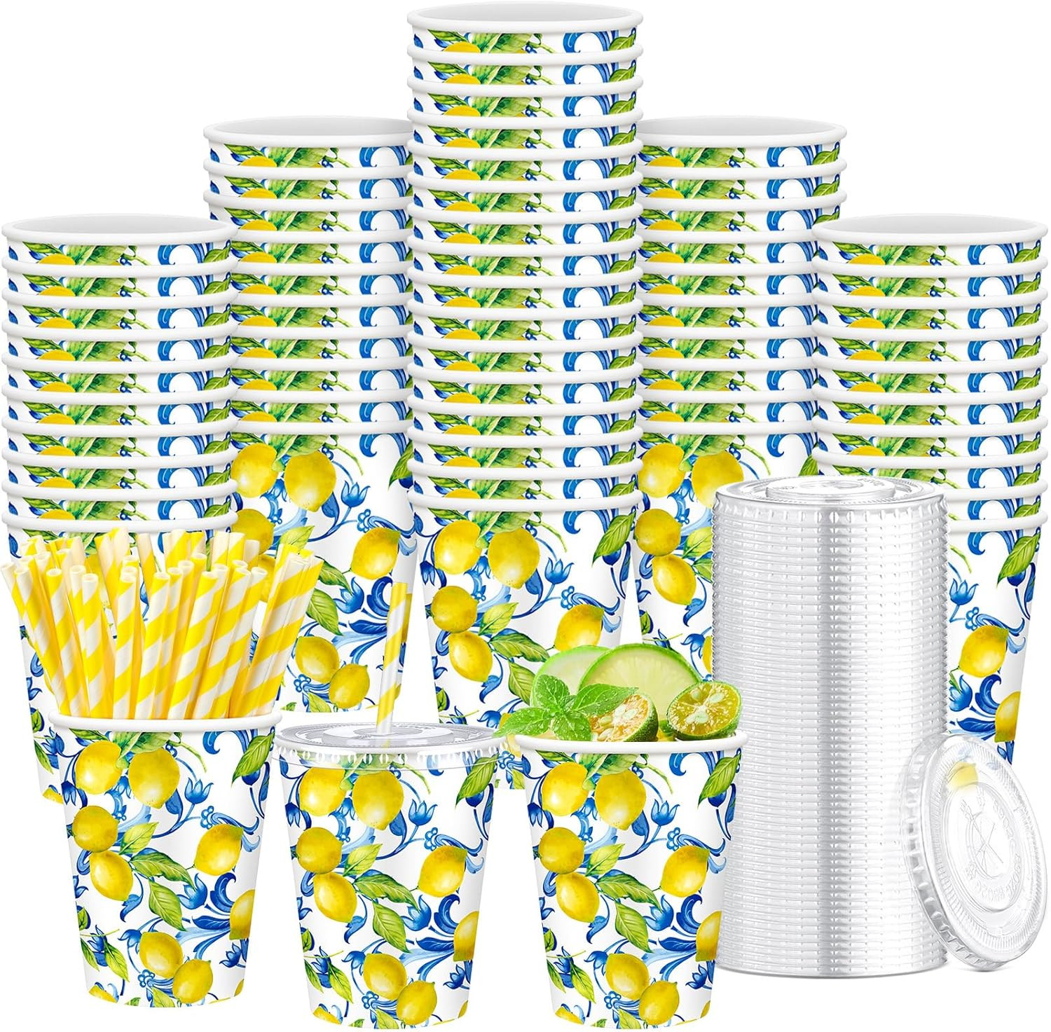 Tessco 150 Pcs 50 Sets Capri Lemon Paper Cups with Lids and Straws 12 oz Blue Ti