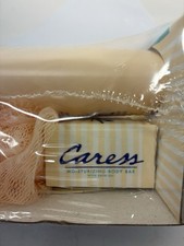 Vtg Caress Moisturizing BODY Bar w Bath Oil  Body Wash Essential Gift Set Pouf