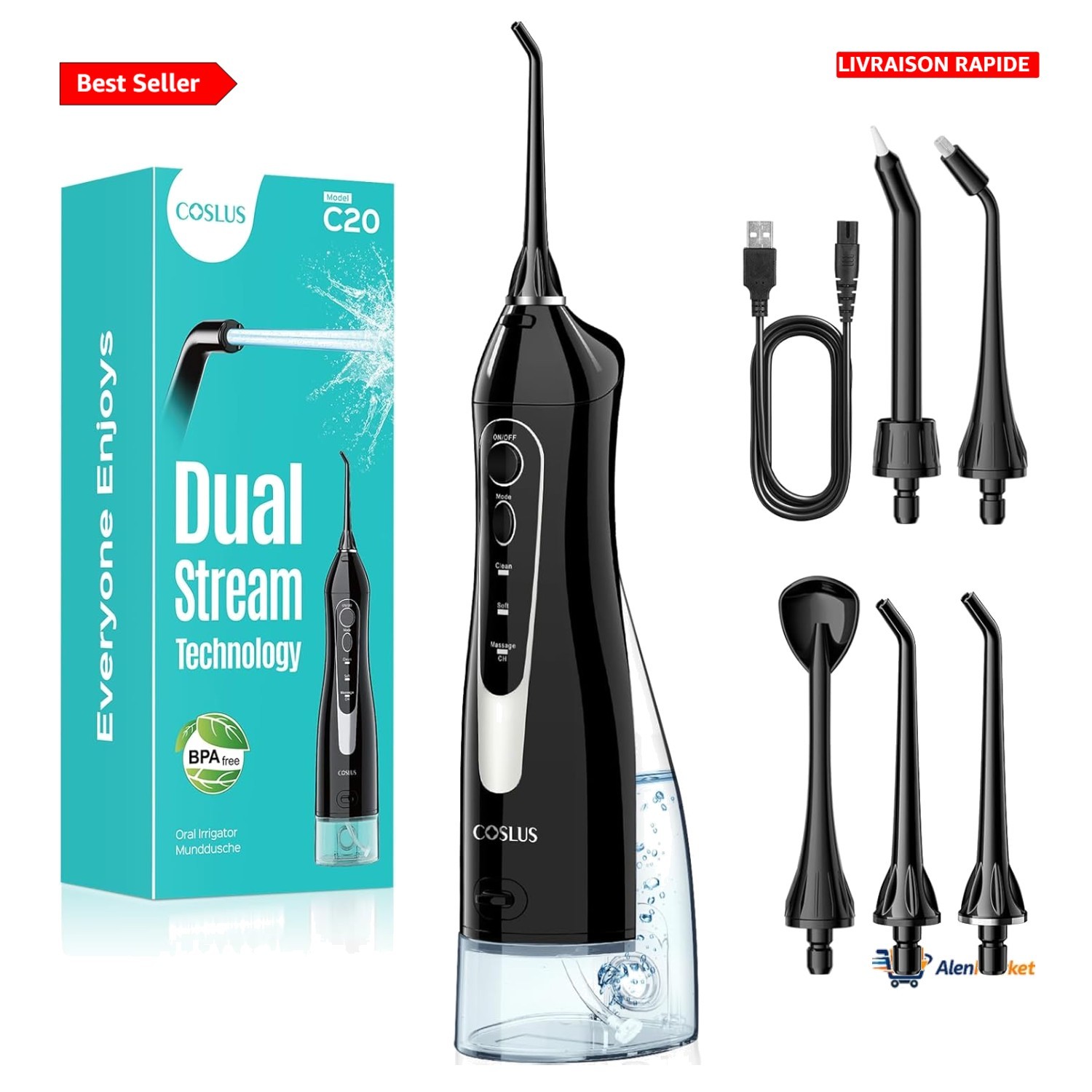 Hydropulseur portable COSLUS voyage et quotidien réservoir 300 ml étanche IPX7