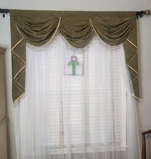 Waterfall Curtain Balloon Valance 58" Wide Elegant Beaded Swag Sage Velour Set 2