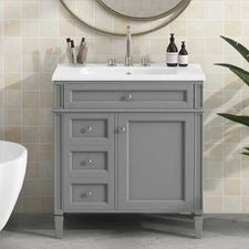 30" Bathroom Vanity w/Ceramic Sink, 3 Drawers,Modern Freestanding Vanity Cabinet