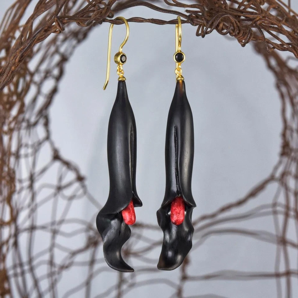 Carved Black Horn Flower Earrings Red Coral Spinel Gold Vermeil Sterling 8.23g - Image 2 of 4