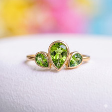Three Stone Peridot Ring, Pear Shaped Green Gemstone Ring, 925 Sterling Silver
