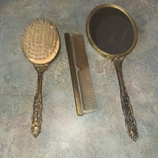 Vintage Mirror Brush and Comb Vanity Set Gold Plated