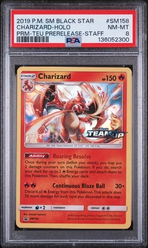2019 POKEMON SM BLACK STAR PROMO TEAM UP PRERELEASE-STAFF CHARIZARD-HOLO PSA 8