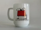 Vtg Anchor Hocking Fire King SNOOPY Milk Glass Coffee Mug - Allergic to Morning