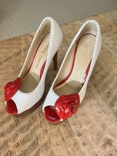 Vtg Charles Jourdan Paris Platform PeepToe Heels White Leather Red Rose Size 8