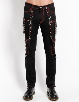 Gothic Punk Trousers Black Red - With Chains, Straps & Studs - Unisex Slim Fit