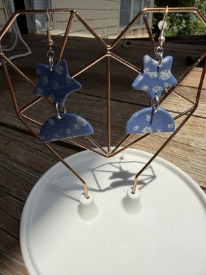 Handmade Clay Dangle Drop Earrings Blue White Star Semi-Circle Hook Lobe