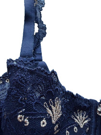 Aubade Lace Underwire Bra Navy Blue Embroidered Sheer Demi Balconette Womens