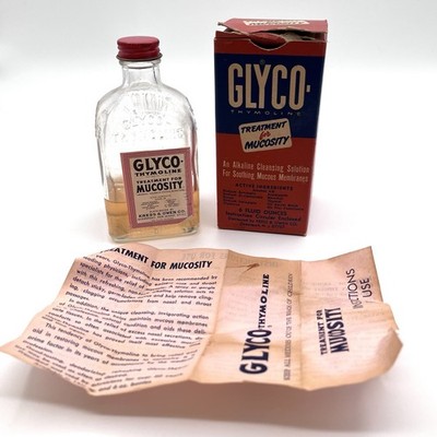 Vintage 1950 s Glyco- Thymoline Bottle Mucosity Label Box Insert Kress Owen NJ