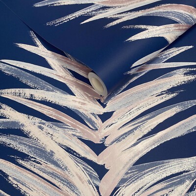 Blaue Palmblatt Tapete Blätter Pinsel Markierung Effekt Metallic Rosa Schimmer Funktion