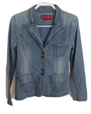 Denim Jacket Stretch L Junior Blazer Striped Blue Cotton Distressed Pockets Boho