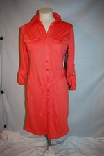 Womens L/S Knit Dress CORAL ORANGE Button Front TIE BELT Semi Fitted M 8-10