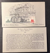 The Dover Railroad Station drawing on card with 2 railroad related stamps