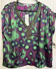Collective Concepts Blouse Metal Bead Neckline Mod Print 90s Sleeveless Medium
