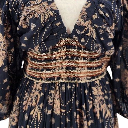Free People Womens Small Dress Golden Hour Maxi V-neck Floral Balloon Sleeve - Picture 7 of 11