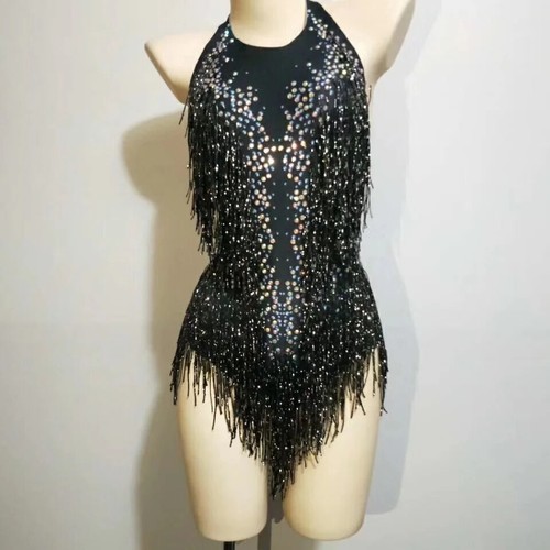 Bodysuit Women Outfit Black Gold Fringe Body Suit Dancer Leotard Backless Latin