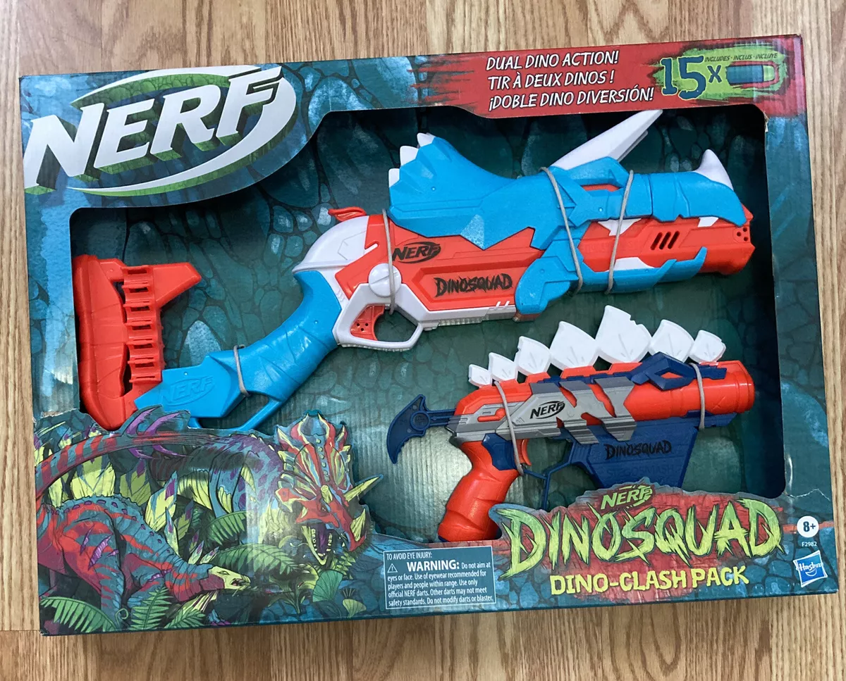 NERF DinoSquad Dino-Clash Pack, Includes 2 Blasters, 15 Elite Darts, Dart  Storage, Triceratops and Stegosaurus Dinosaur Designs