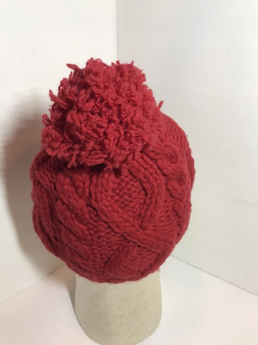 Hollister Beanie One Size Fits Most Red with Pom-Pom Cable Knit