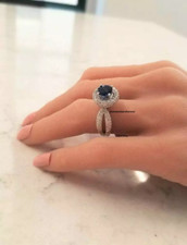 Royal Blue Round 2.17CT Sapphire With 1.59CT Pave White CZ Engagement Women Ring