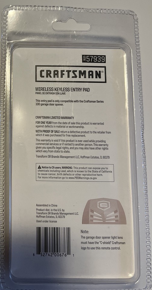 Craftsman Wireless Keyless Series 100 Garage Door Entry Pad Craftsman