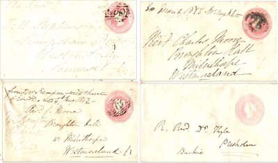 c1850's QV 1d Pink Postal Stationery Birmingham Bristol Milnthorpe CDS