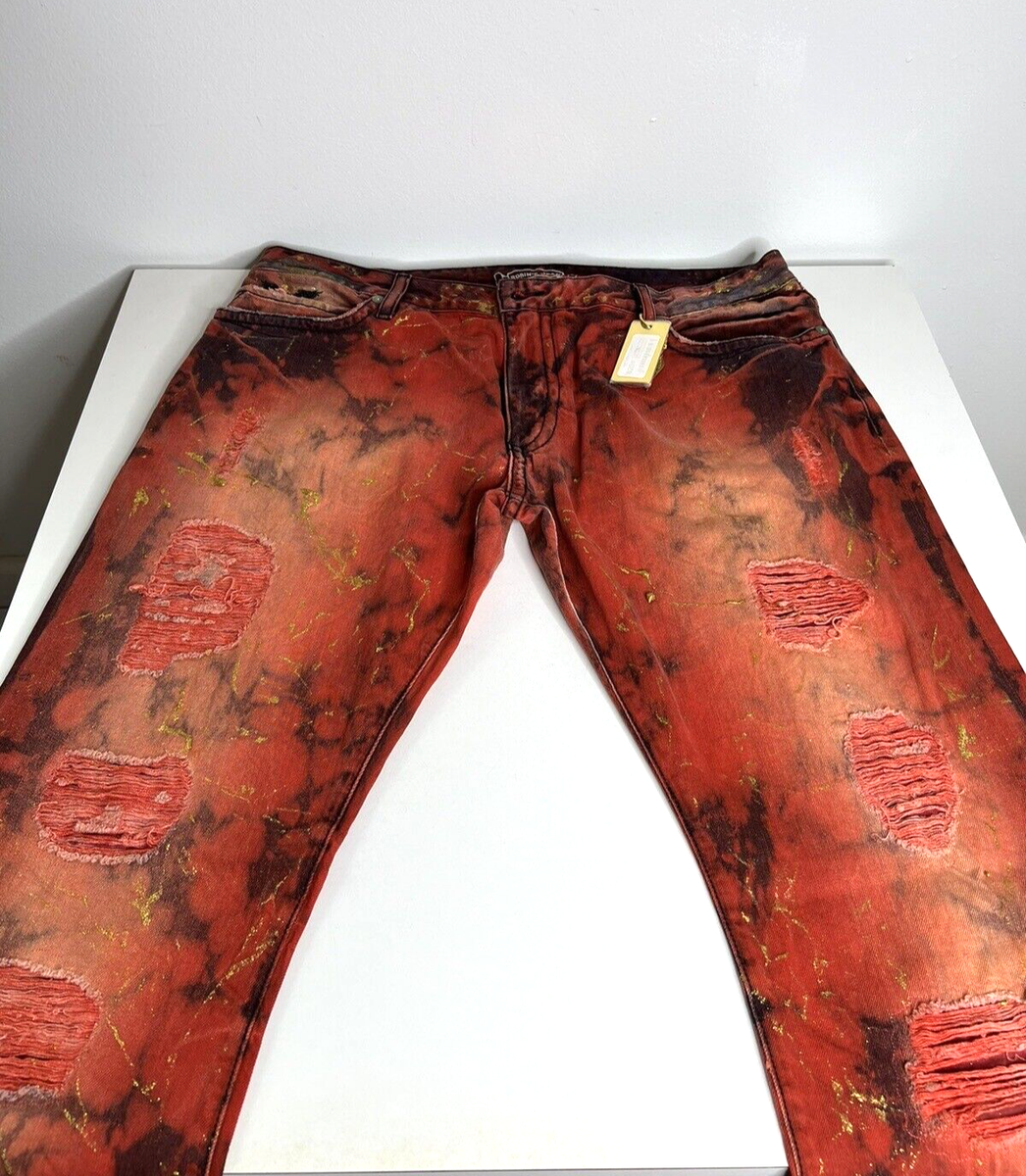 ロビン⭐　カーキ42 Robins Jeans Men's 42 Studded Long Flap Cardinal & Gold Acid Wash