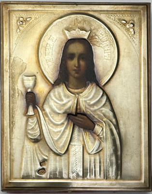 Original alte seltene russische Reiseikone Heilige Barbara, Silber, 84, Moskau.
