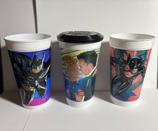 1992 BATMAN RETURNS McDonalds 7" Cup LOT of 3 FN /FVF w/ 1 Lid Catwoman Bruce