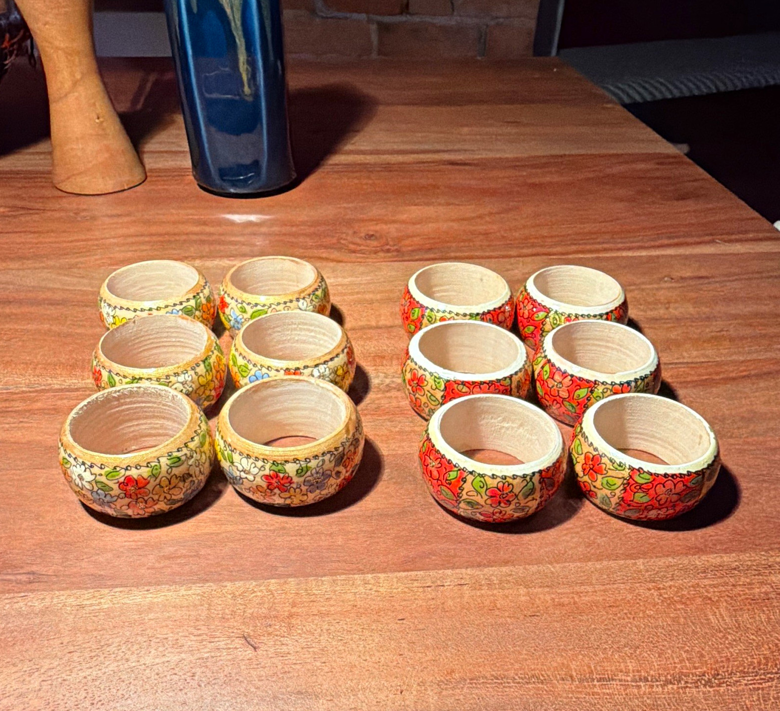 Hand Painted Wooden Floral Napkin Rings Set of 12 Round Multicolor 2 sets of 6