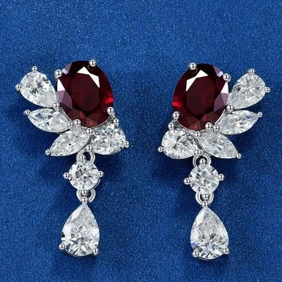 3 Ct Oval Cut Simulated Red Ruby Stunning Drop Earrings In 14k White Gold Plated