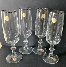 Schott Zwiesel Set Of 4 Platinum Rim Crystal Champagne Glasses Flutes Goblets 8"
