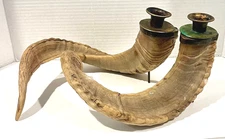 Vintage Pair Genuine Ram’s Horn Brass Candlestick Holders Cabin Lodge Pair