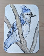 ACEO Original, Abstract Bird Blue Jay, Watercolor, 2.5 x 3.5 Mini Art!