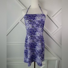 Vintage Y2K Tilt Purple Floral Hawaiian Halter Mini Dress 90s 2000s Size Large