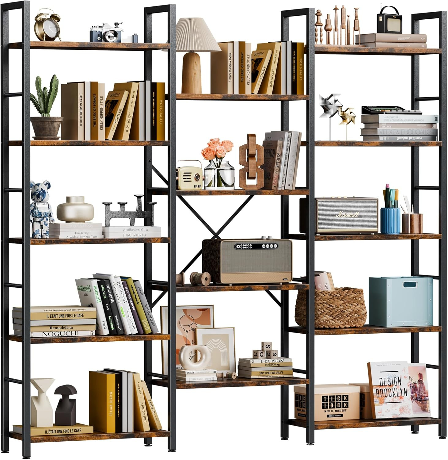 Triple Wide 5 Tier Bookshelf Industrial Large Metal Wood Bookcase Display Brown