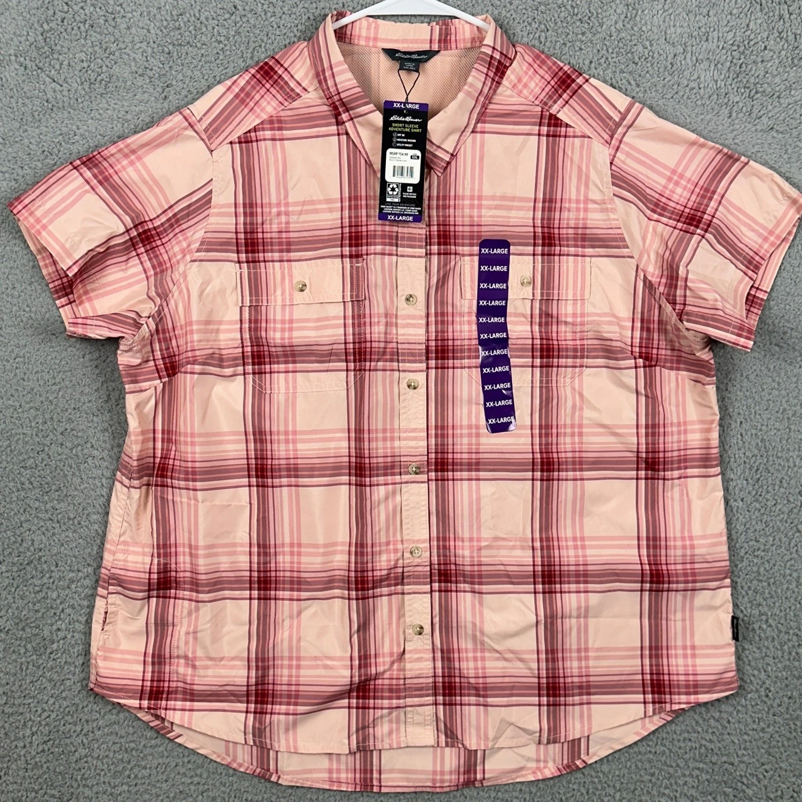 Eddie Bauer Men 2XL Shirt Hiking Pink Plaid Nylon Button Up Outdoor Pockets NEW