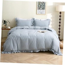 Light/White Plaid Ruffle Duvet Cover Set Size,100 Washed Cotton 3 Twin Blue
