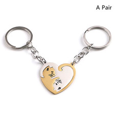 Cute Hug Cat Keychain Creative Patchwork Heart round Keyring Couple Lovers Key C