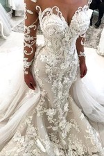 Enchanting Mermaid Long Sleeved Handmade Floral Wedding Dress Sheer Bridal Gown