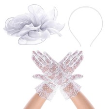 Fascinator Hat Women Tea Party Headband Lace Gloves Set 2pc Vintage Church Derby