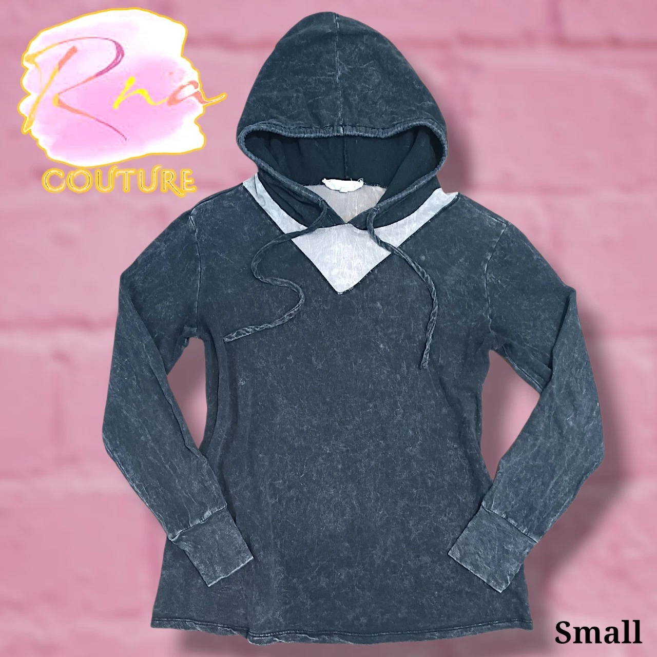 RNA Couture Charcoal Acid Washed Long-sleeve Pullover Distressed Hoodie - Small