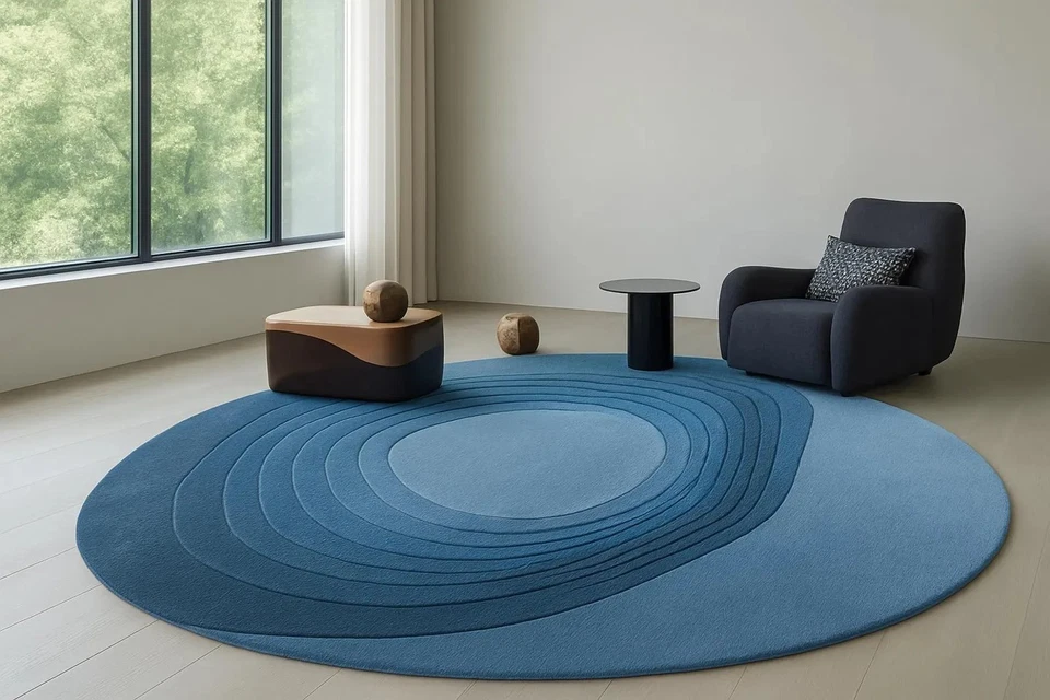 Round Wool Rug Handmade 8x8 Modern Layered Pattern Carpet Living Room Bedroom - Image 3 of 4